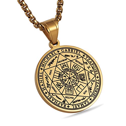 HZMAN Vintage Stainless Steel The Seal of The Seven Archangels Pendant Necklaces 22+2“ Chain - color: Gold
