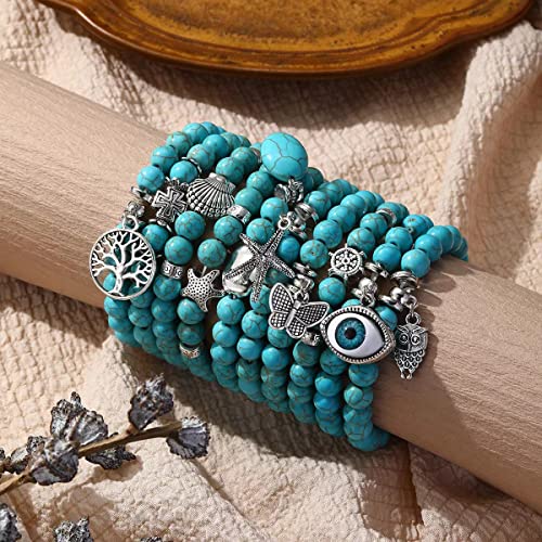 Turquoise Bracelet for Women, 8mm Beaded Stretchable Unisex Bracelet, Boho Turquoise Bead Bracelet Stone Beaded Bracelets Turquoise Jewelry for Women - color: Tree of Life