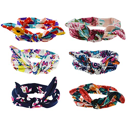 DRESHOW Boho Bow Headbands for Women Vintage Flower Printed Yoga Hairband Elastic Rabbit Ear Head Wrap 6 Pack - color: 6 Pack Rabbit Ears Flower Printed