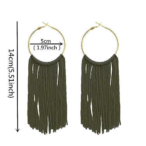 Boho Long Tassel Dangle Earrings for Women Lightweight Circle Hoop Silky Thread Fringe Drop Statemen Earrings - color: dark green