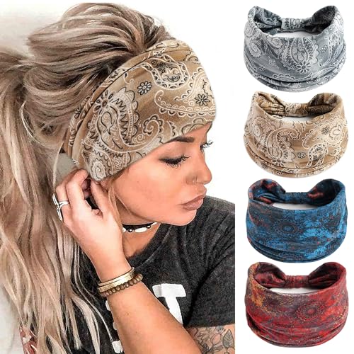 FULZTEY Boho Headbands for Women Fashion Paisley Head Band Floral Wide Headwraps Large African Thick Turban Non Slip Yoga Workout Sweat Hairband Knotted Bandanas for Hair Accessories 4Pcs - color: Style 110
