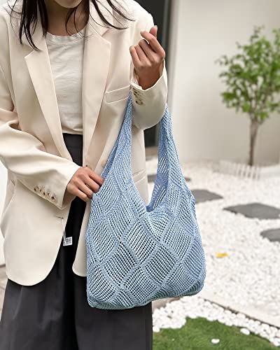 Crochet Mesh Beach Tote Shoulder Handbags Hobo Summer Aesthetic Women's Bag - color: Blue
