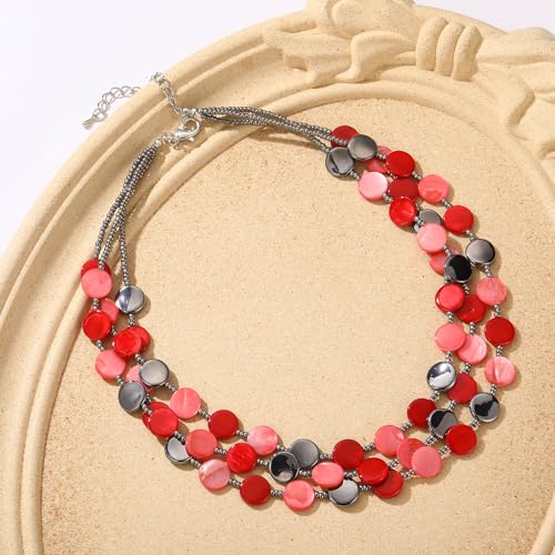 Noessla Layered Beaded Chunky Necklace for Women Boho Two-color Shell Statement Necklace Fashion Collar Costume Jewelry Gifts for Mum - color: Red