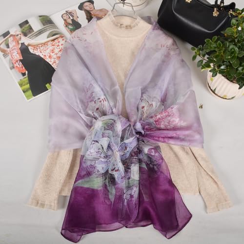 100% Mulberry Silk Women's Neck Silk Scarf-Lightweight Shawl,FLoral Print Beach Silk Wrap-Scarves for Photography - color: Purple Lily