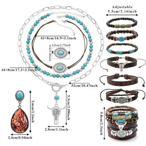 3 Pcs Layered Western Jewelry Set for Women Boho Turquoise Beaded OX-Head Necklaces Western Cactus Cowboy Chic Earrings Rustic Cowgirl Stack Bracelets Country Concert Outfits Accessory - color: Turquoise OX-Head