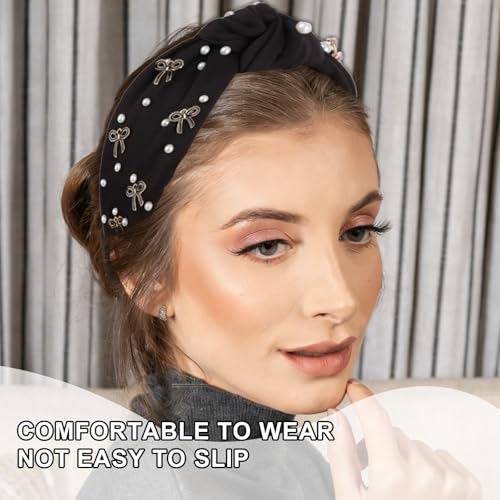 Black Headband Bow Pearl Knotted Headbands for Women Girls Cute Fashion Wide Headbands for Women Non Slip Hairbands Head Bands for Women's Hair Bow Hair Accessories - color: Black-01
