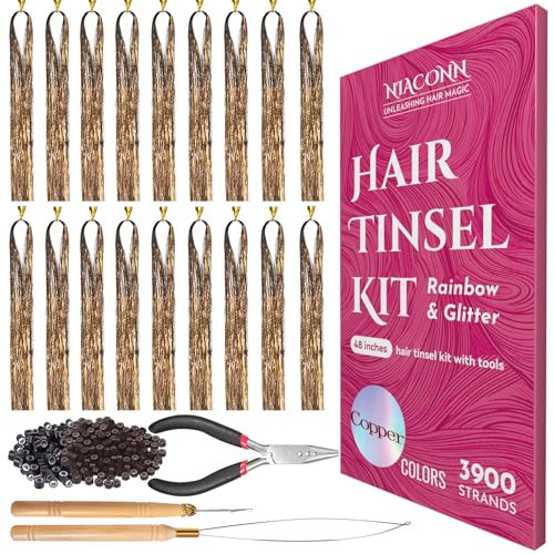 NIACONN Glitter Hair Tinsel Extensions Kit Copper with Tools and Beads, 48 Inch Sparkly Fairy Colorful Tensile Strands Shiny Hair Accessories for Women Girls Kids - color: Copper