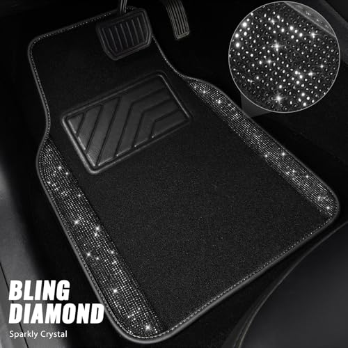 CAR PASS Bling Diamond Car Floor Mats, Sparkling Crystal Shining Glitter Rhinestone Carpet, Anti-Slip PVC Heel Pad Waterproof Universal for Automotive SUV,Sedan,Van,4pcs Girl Women Men Black Diamond - color: Black Diamond