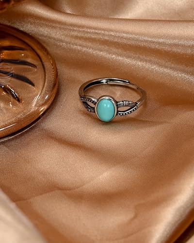 Silver Turquoise Rings for Women Adjustable Oval Gemstone Boho Western Statement Ring for Vintage Jewelry