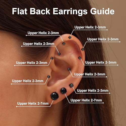 Flat Back Stud Earrings for Women - Hypoallergenic Surgical Steel Earrings with CZ Stones - 6 Pairs (18-20G) - color: Black, size: 18 G