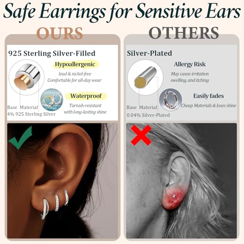 Poxtex Small Sterling Silver Huggie Hoop Earrings Set for Women, Hypoallergenic 14K Gold Plated Hoops Stacks for Multiple Piercings, Dainty Cute Mini Lightweight Cartilage Studs Trendy Jewelry Gift - color: Silver-double hoop