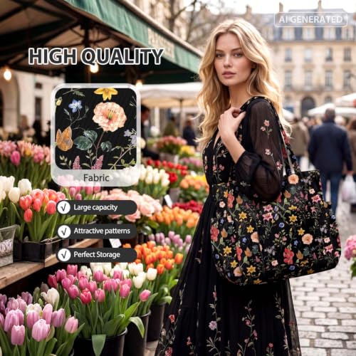 Corduroy Tote Bag for Women,Large Capacity Cute Tote Bags With 6 Pockets,Crossbody Shoulder Handbag for Work Travel Gym - color: Black Retro Flowers