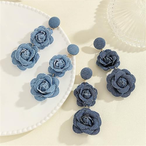 coadipress Boho Denim Camellia Flower Dangle Earrings for Women Exaggerated Big Layered Tiered Blossom Floral Drop Long Earring Chic Statement Earrings Wedding Bridal Jewelry Gifts - style: 2 Flowers Light Blue