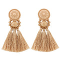 boderier Bohemian Statement Thread Tassel Chandelier Drop Dangle Earrings with Cassandra Button Stud - color: Brown