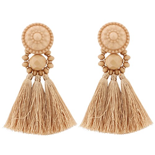 boderier Bohemian Statement Thread Tassel Chandelier Drop Dangle Earrings with Cassandra Button Stud - color: Brown