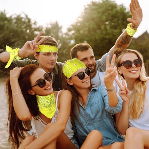 Blulu 12 Pack Neon Bandanas Bulk Multi Purpose Paisley Cowboy Bandanas for Men Women Headband Western Music Festival Rave - color: Light Yellow