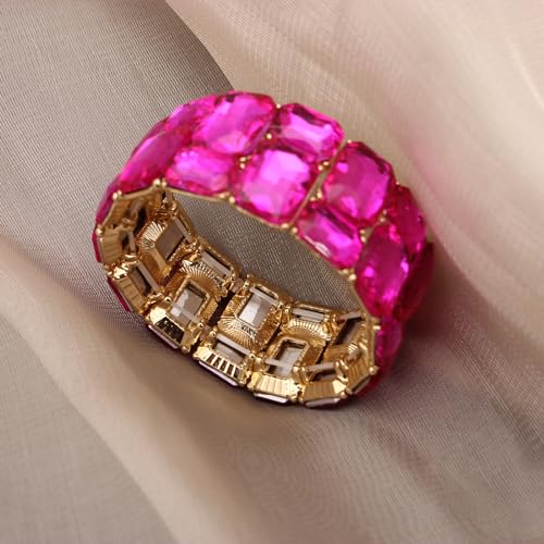 Women’s Wedding Bridal Crystal Leaf Flower Stretch Bangle Elastic Wide Bracelet Jewelry for Brides Bridesmaid - color: Style2-Rose Red-Gold Plated