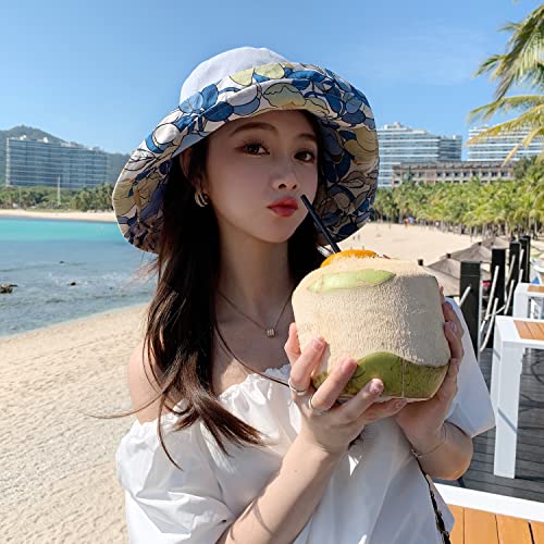 HUAMULAN Women Summer Sun Hat Wide Brim Wired Edge Floral Beach Bucket Hats Reversible Foldable Travel UV Protection Lady Hat - color: M1744-lightblue
