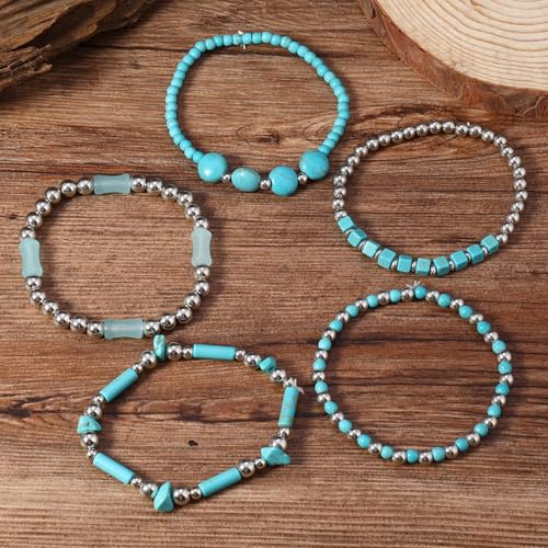 Long tiantian Western Turquoise Beaded Bracelet Set for Women Stackable Cowgirl Bracelets Boho Concho Jewelry Country Concert Rodeo Outfit Accessories Gifts - color: A5:turquoise bracelet for women