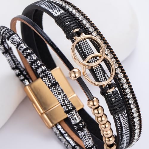 FANCY SHINY Boho Leather Wrap Bracelet Stackable Infinity Chunky Cuff Bracelets Western Hippie Outfits Jewelry Valentine Gifts for Women - color: Shiny Black