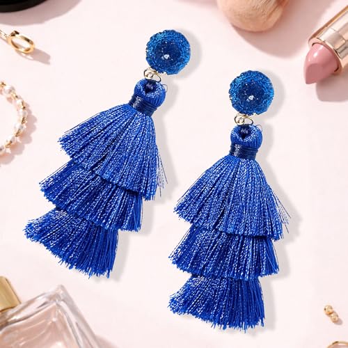 Tassel Earrings for Women - Colorful Layered Tassle Dangle Drop Earrings - color: Blue