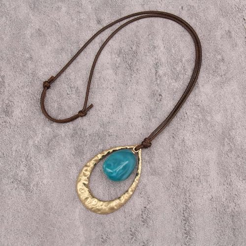 GelConnie Leather Necklace for Women Round Wooden Pendant Long Leather Choker Vintage Sweater Necklace Gold Chunky Boho Necklaces for Women - style: Blue Stone Leather Necklace