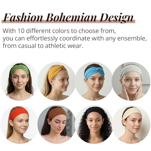 10Pcs Wide Boho Headbands for Women and Girls, Twisted Knot Design, Large Turban Style Hair Wraps, Non-Slip Stretchy Sport Workout Yoga Gym Running Headbands