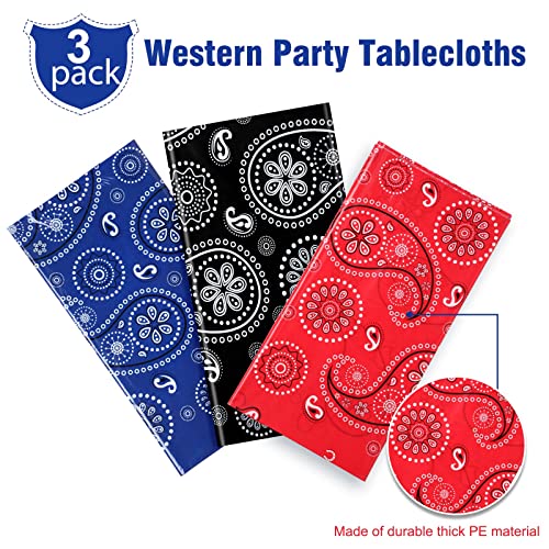 Western Party Tablecloth Paisley Table Cover Bandana Plastic Table Cloth Rectangle Floral Tablecloth for Western Cowboy Themed Party Decorations, 108 X 54 Inches (3, Red, Blue, Black) - color: Red, Blue, Black