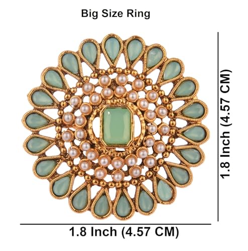 Efulgenz Indian Jewelry Rings for Women Antique Round Faux Pearl Crystal Bollywood Adjustable Big Finger Ring Fashion Party Statement Jewelry for Women - color: Mint