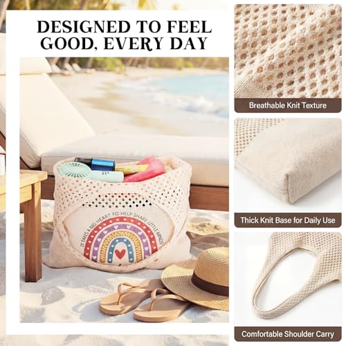 Shinylin Personalized Crochet Tote Bag for Beach Women Beige Mesh Knit Shoulder Bag Boho Aesthetic Tote for Women - style: Teacher Rainbow