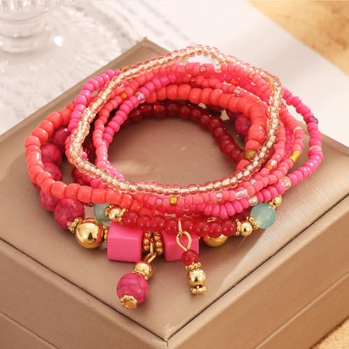 IFKM 8PCS Beaded Bracelets for Women, Multilayered Stackable Strand Stretch Bead Bracelet Pack Handmade Trendy Bohemian Charm Jewelry - color: Rose Red