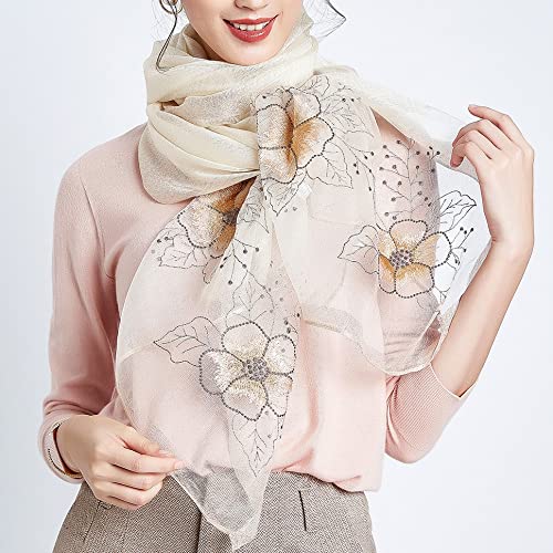WINCESS YU Women Mulberry Silk Scarf Long & Large Embroidered Floral Pattern Shawl and Wraps Neckerchief for Hair & Neck - color: Sunflower White
