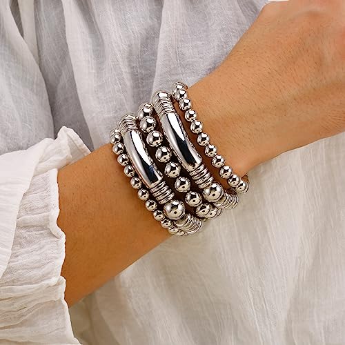 14K Gold Plated Bangles Bracelet for Women Chunky Curved Stacking Plated Bead Ball Stretchable Bracelets - color: Style-6