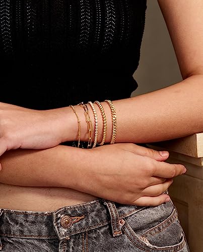 DEARMAY Sterling Silver Plated Bracelets Set for Women Waterproof, Non Tarnish Sterling Silver Link Chain Bracelets Pack Dainty, Fashion Jewelry Gifts for Everyday Comfortable - color: 5Pcs 14K Gold Plated Bracelets C