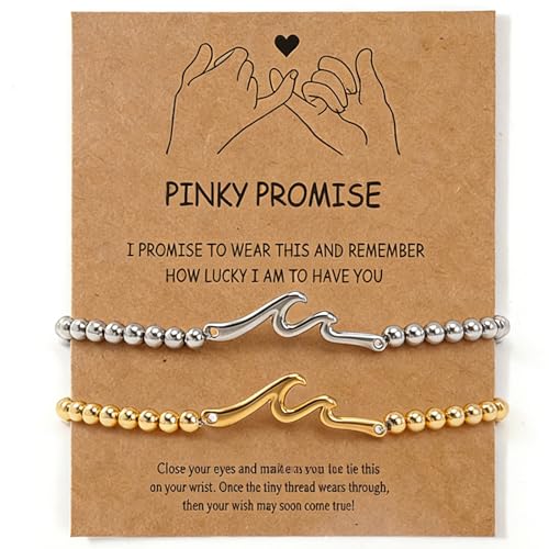 Matching Bracelets for Couple,Gold Silver Beaded Heart Couples Bracelets,Raomantic Relationship Promise Jewelry Gifts for Her - color: Wave