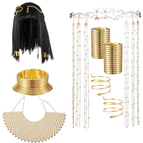 Yunlly 6 Pcs Egyptian Queen Costume Set for Women Black Braided Wig Gold Snake Headpiece Bib Necklace Choker Set Face Veil Arm Cuffs for Halloween