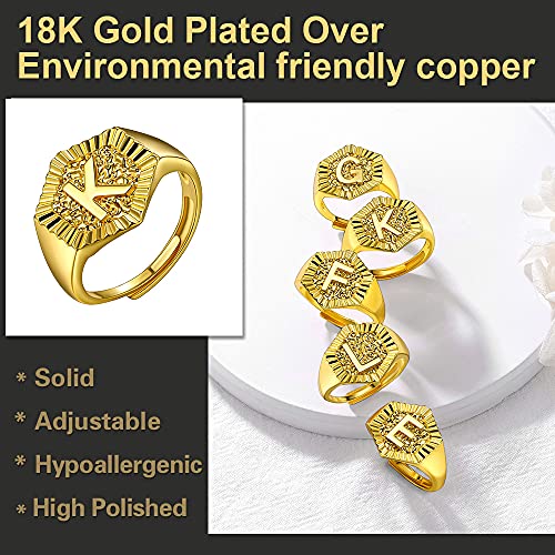 U7 Initial Ring Wedding Band for Men Women 18K Gold Plated Statement Hexagon A-Z Letter Jewelry Personalized Stackable Signet Rings - color: E