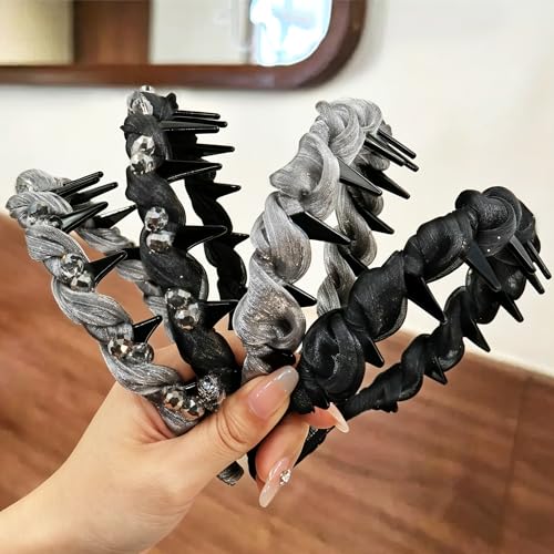 4 Pcs Braided Headbands with Teeth for Women, Handmade Crystal Flower Comb Hairbands, Sparkly Twisted Non-Slip Hard Head Bands, Elegant Silver Black Hair Accessories - color: Silver Black