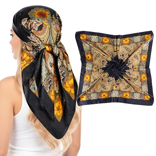 Pistha Head Scarf Bandana for Women, Satin Scarf for Hair, Large Square Silk Bandana Headscarf for Women and Men 35 Inch - style: Classic-black