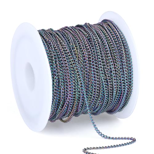 66FT Colorful Stainless Steel Curb Chains Roll, 1.5mm 304 Stainless Steel Multi Color Flat Twisted Links Curb Chains Bulk Spool for Jewelry Making DIY Craft - color: Colorful, size: 1.5mm width