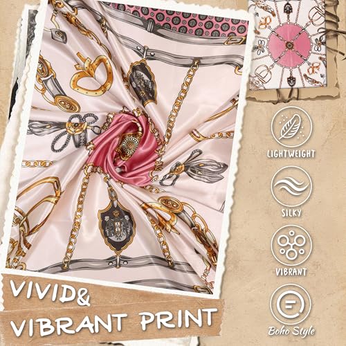 Large Square Head Scarf Bandana - 35" Satin Hair Scarf for Women Like Silk Scarf Fashion Hair Wrapping - color: Equestrian Chain(pink), size: 35IN*35IN