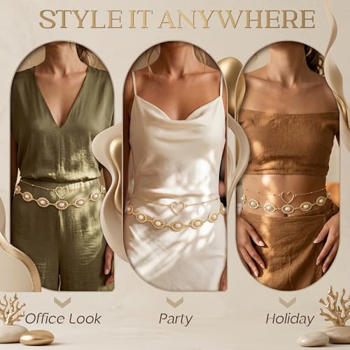 Florideco Waist Chain Belt for Women, Layered Belly Chain, Waterproof Boho Pearl Concho Cuban Body Chain, Adjustable Summer Beach Coachella Fashion Jewelry for Jeans Dresses - style: Gold Plated-Concho Chain