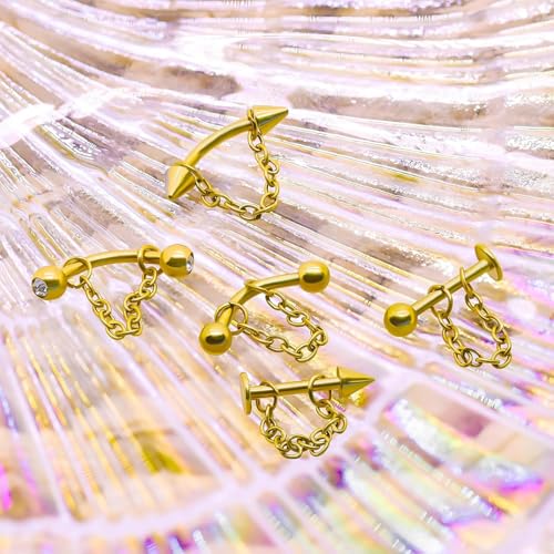CHARMONLINEVertical Labret Lip Piercing Jewelry with Chain, Top Push in Threadless Flat Back Stud 20G Small Thin Half Hoop Ear Piercing 316L Surgical Steel Ear Piercing Cartilage Earrings Lip Eyebrow Helix Ear Piercing Jewelry with Changing Tool - color: