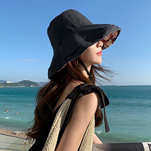 HUAMULAN Women Summer Sun Hat Wide Brim Wired Edge Floral Beach Bucket Hats Reversible Foldable Travel UV Protection Lady Hat - color: M1744-black
