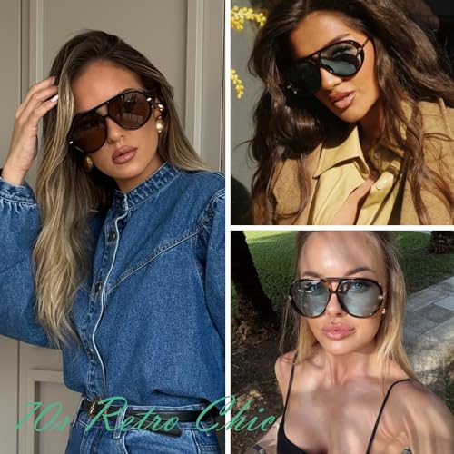 GRFISIA Retro Oversized Aviator Sunglasses for Women Men Metal 70s Aviators 2026 Fashion Shades for Beach Vacation UV400 - color: (2pcs) Black/Brown+tortoise/Blue