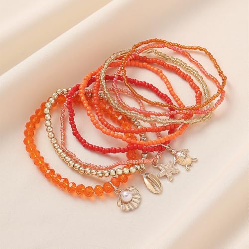 Caiyao Bohemian Multilayer Stackable Seed Beaded Bracelets Colorful Crystal Glass Beads Strand Bangle Bracelet BFF Wristbands Bracelet for Women Summer Beach Hawaii Jewelry Birthday Gifts - color: Orange-starfish