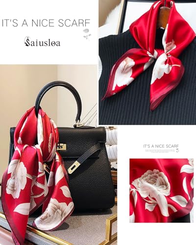 Saiusloa Neck Scarf For Womens Silky Head Scarves Hair Bandanas Square Scarf Fashion Accessories lightweight - color: 1-red Flowers