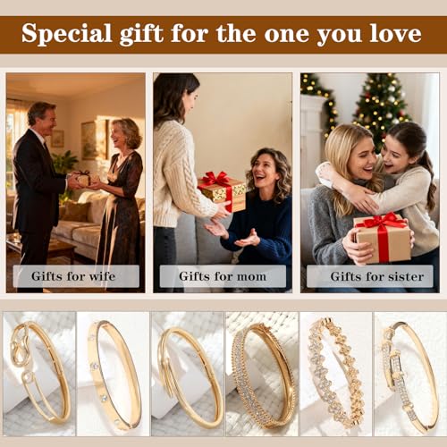 6PCS Gold Designer Classic Bangle Bracelet Set for Women, 18K Gold Plated with AAA Cubic Zirconia, Ideal Gift for Birthday Christmas Valentine's Day Mother's Day - color: Classic Style - Minimalist Elements