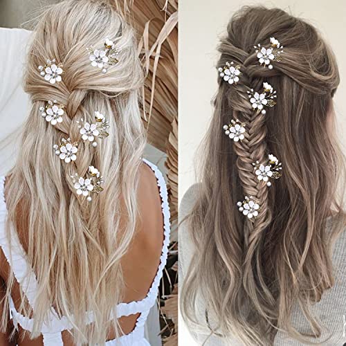 6 PCS Bridal Flower Wedding Hair Pins Crystal Pearl Hair Clips Headpiece Gold Wedding Hair Accessories Jewelry with Rhinestone for Brides Bridesmaids Women Girls Updo (Pure White Flower) - color: Pure White Flower