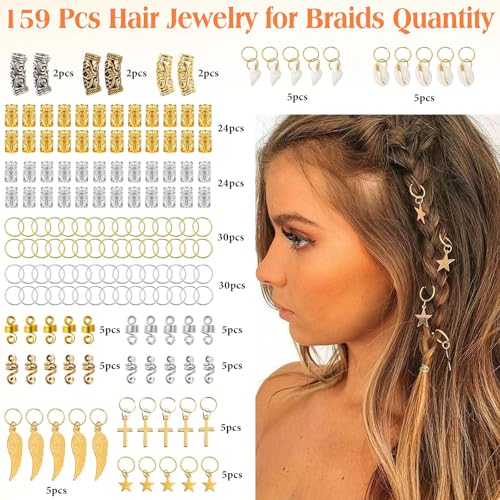 159 Pcs Hair Jewelry for Braids,16 Styles Dreadlock Accessories, Adjustable Metal Hair Clips, Hair Cuff Rings Star Wing Shell Braiding Decorations for Women - color: Mixed color-159pcs